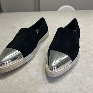 Steve Madden Women’s Black Slip-On Flats with Silver Cap Toe